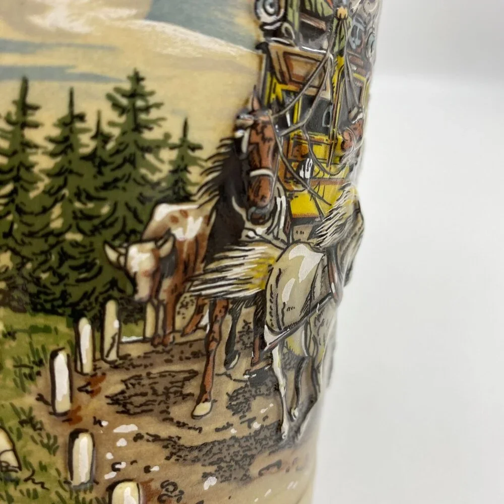 VTG German Beer stein‎ mug tankard 3D image Stage coach horses western theme